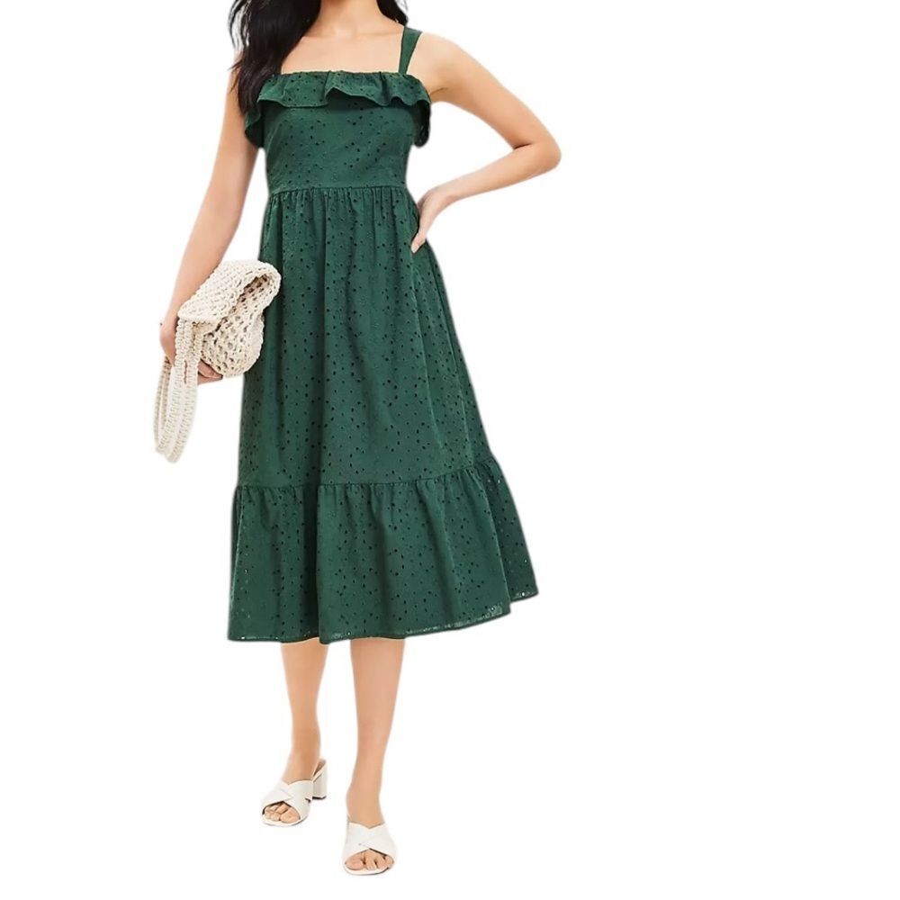 LOFT Green Eyelet Midi Dress